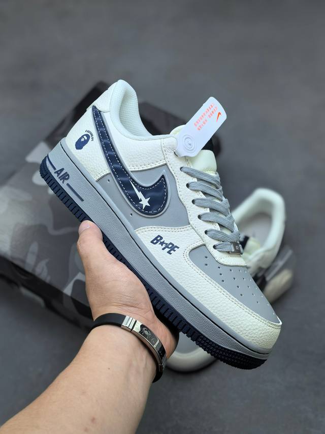 海外限量发售！公司级Nike Air Force 1 '07 Low 空军一号低帮 “猿人头Bape-米灰蓝”运动鞋 休闲鞋 折边针车 工艺难度大 原楦头原纸板