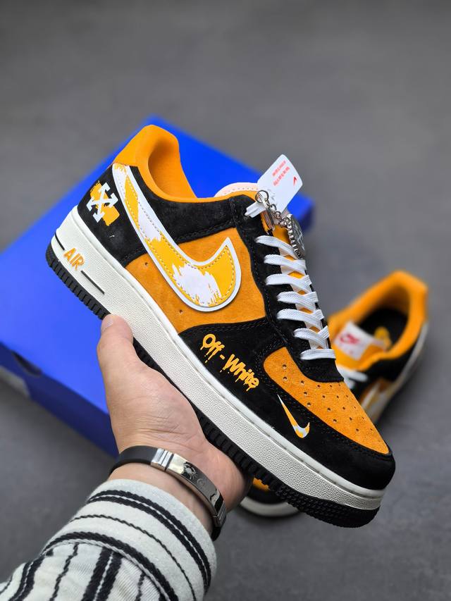 海外限量发售！公司级Nike Air Force 1 '07 Low “Off-White联名 黑橙涂鸦”空军一号 低帮 运动鞋 休闲鞋 折边针车 工艺难度大