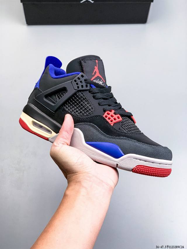 Air Jordan 4 Aj4代中帮复古休闲运动文化篮球鞋。秉承轻量化的速度型篮球鞋设计思想完成设计，降低重量的同时提升舒适度，中底延续前作使用了分离式后掌可