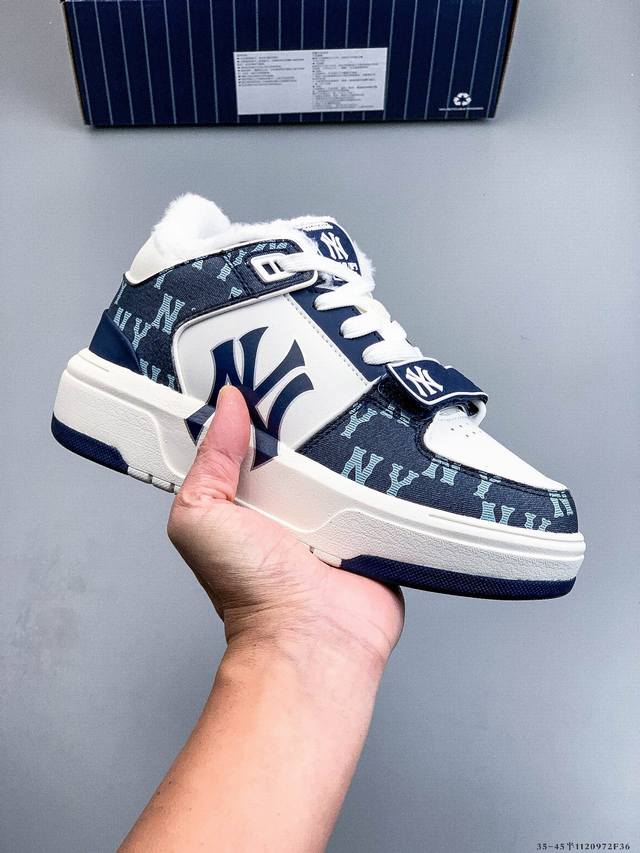 公司级！Mlb Chunky Liner 加绒 厚底休闲跑步鞋 Ny印花 牛皮材质运动鞋 1120972F36