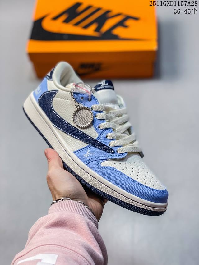 高端定制 Travis Scott X Jordan 1 Low Lv联名-白绿黑棕 倒勾低帮休闲版本 原厂全头层皮 大厂纯原品质出货 纯正版型 定制鞋盒 皮料