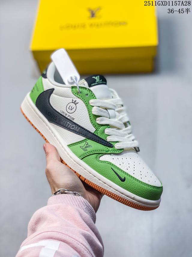 高端定制 Travis Scott X Jordan 1 Low Lv联名-白绿黑棕 倒勾低帮休闲版本 原厂全头层皮 大厂纯原品质出货 纯正版型 定制鞋盒 皮料