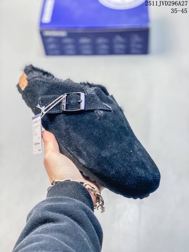 Birkenstock Boston Vl 勃肯绒面金属针扣软木底包头拖鞋 牛皮绒面革质地柔软 搭配可调节鞋扣提升穿着舒适度 人体工学设计分散脚部压力 保护脚踝