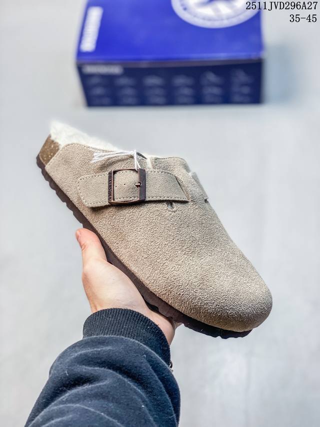 Birkenstock Boston Vl 勃肯绒面金属针扣软木底包头拖鞋 牛皮绒面革质地柔软 搭配可调节鞋扣提升穿着舒适度 人体工学设计分散脚部压力 保护脚踝