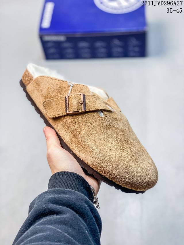 Birkenstock Boston Vl 勃肯绒面金属针扣软木底包头拖鞋 牛皮绒面革质地柔软 搭配可调节鞋扣提升穿着舒适度 人体工学设计分散脚部压力 保护脚踝