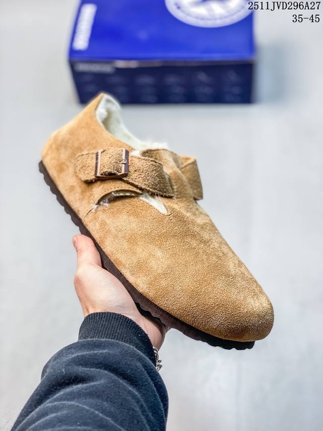 加绒Birkenstock 博肯 纯原“翘头加绒版” 广东原产#采用质地柔软牛皮绒面革植入羊羔毛鞋垫和里衬材质 #中底搭载缓震软木橡胶 #纯色羊毛内里，保暖不乏