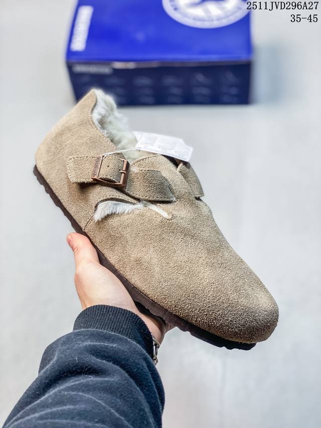加绒Birkenstock 博肯 纯原“翘头加绒版” 广东原产#采用质地柔软牛皮绒面革植入羊羔毛鞋垫和里衬材质 #中底搭载缓震软木橡胶 #纯色羊毛内里，保暖不乏
