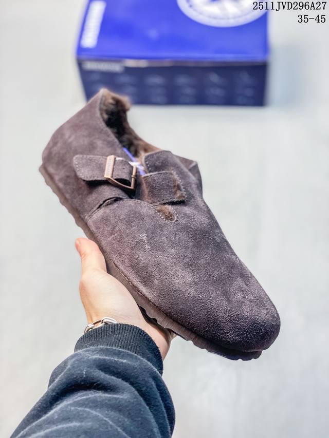 加绒Birkenstock 博肯 纯原“翘头加绒版” 广东原产#采用质地柔软牛皮绒面革植入羊羔毛鞋垫和里衬材质 #中底搭载缓震软木橡胶 #纯色羊毛内里，保暖不乏
