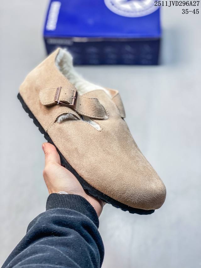 加绒Birkenstock 博肯 纯原“翘头加绒版” 广东原产#采用质地柔软牛皮绒面革植入羊羔毛鞋垫和里衬材质 #中底搭载缓震软木橡胶 #纯色羊毛内里，保暖不乏