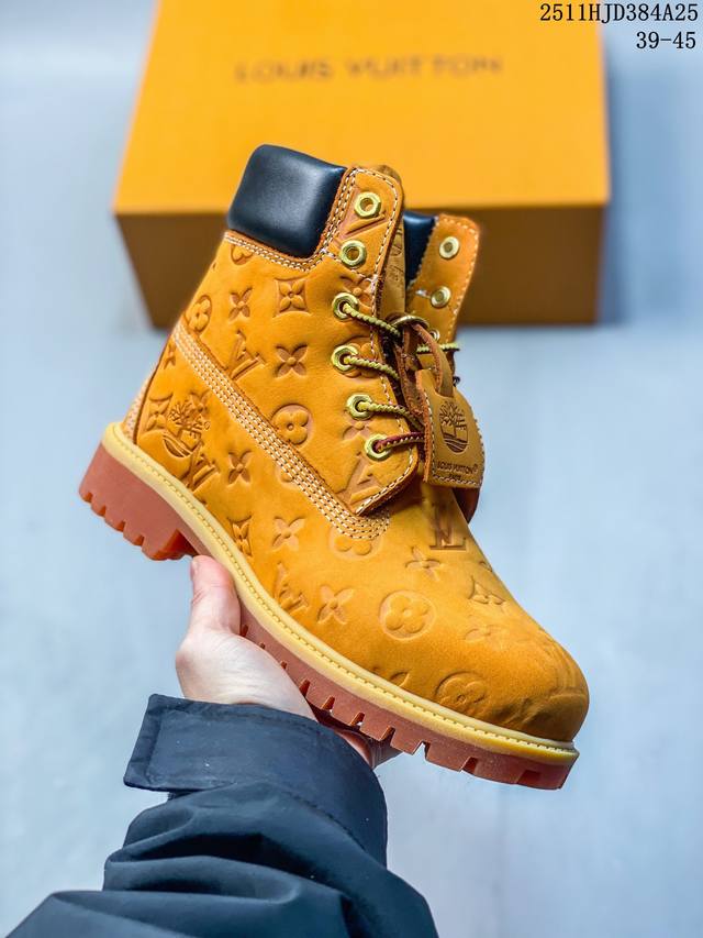 Timberland添柏岚 × Louis Vuitton路易威登 牛皮革 6英寸满印老花圆头系带 压纹防水绒面 及踝 马丁靴 广东大厂品质 全新工艺升级 全鞋