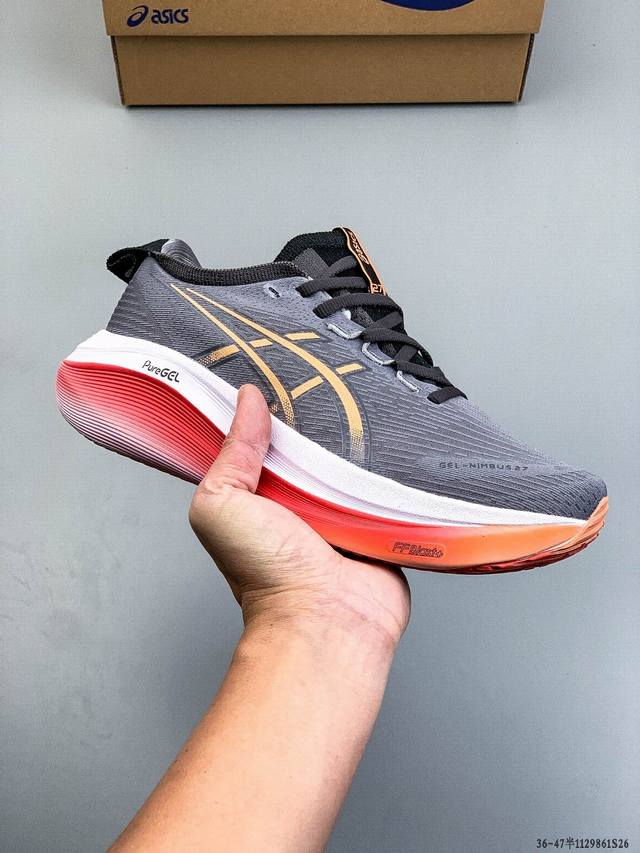 公司级！Asics Gel-Nimbus 27 舒适防滑耐磨低帮休闲跑步鞋 鞋底采用了轻质发泡材料 并在后跟和前掌处采用了Asics亚瑟士核心科技-Gel缓震胶