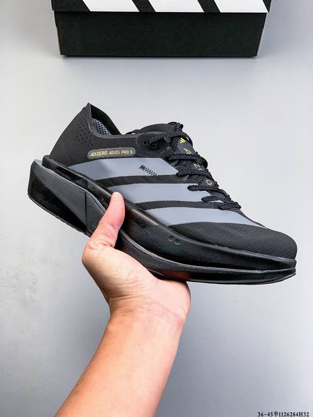 公司级！Adidas Adizero Adios pro 5 M 马拉松飞线贾卡轻质透气休闲运动跑步鞋 采用双层透气网纱 Flywire动态飞线绑缚鞋面材质 内
