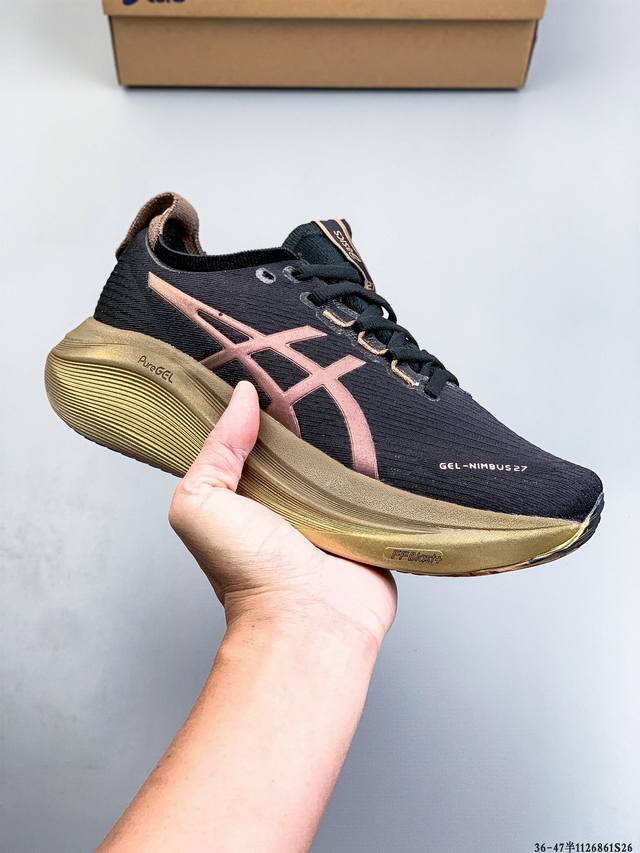 公司级！Asics Gel-Nimbus 27 舒适防滑耐磨低帮休闲跑步鞋 鞋底采用了轻质发泡材料 并在后跟和前掌处采用了Asics亚瑟士核心科技-Gel缓震胶