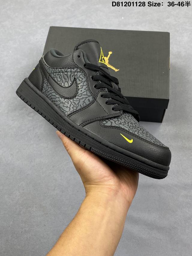 头层带半码 Air Jordan 1 Low Elephant Se 低帮 危险标志 Aj1 乔丹1代 Aj1 乔1 低邦 黑黄爆裂纹 黑色 男女同款 乔丹篮球