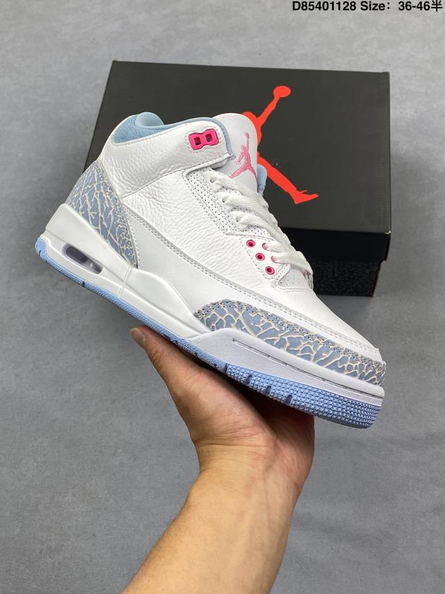Air Jordan 3 Retro White And Cobalt Bliss 钴宝蓝 Aj3 乔丹3代 Aj3 乔3 冰蓝粉 乔丹篮球鞋系列 鞋身以纯净的