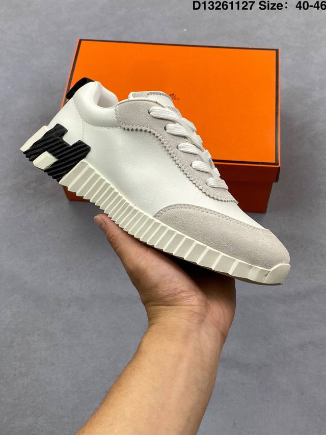 Hermes爱马仕 Bouncing 小牛皮 圆头系带 低帮 生活休闲鞋 男款 白色 尺码：如图 编码：D13261127