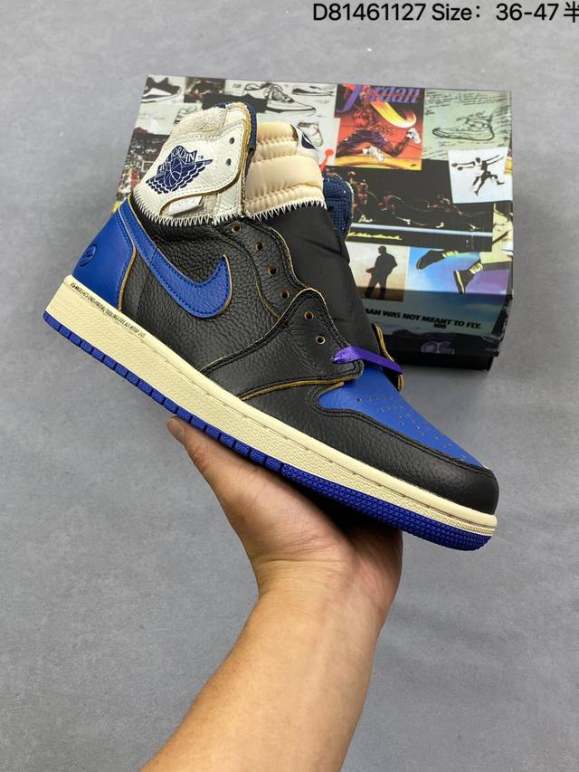 头层带半码 Union X Fragment Design X Air Jordan 1 Retro High Og 高帮 藤原浩黑白蓝拼接 Aj1 乔丹1代