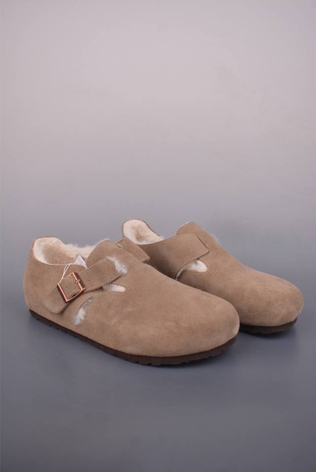 博肯Birkenstock London Suede Leather 内里加绒 牛皮绒面革平底复古软木休闲鞋 采用质地柔软牛皮绒面革植入 羊羔毛鞋垫和里衬材质
