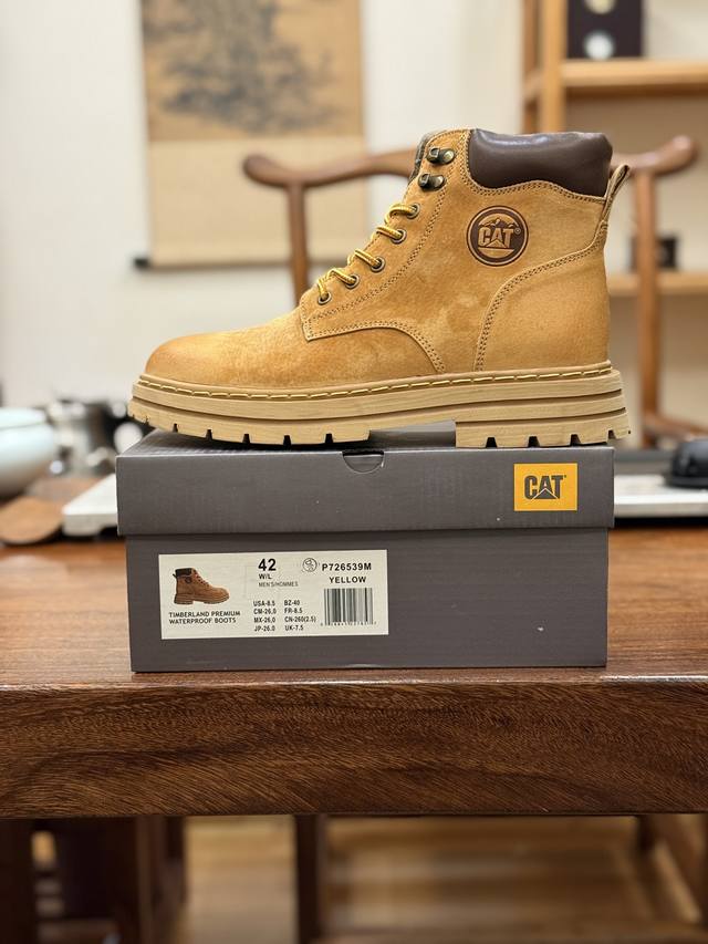 新货Cat卡特 硬汉推土机品牌 内里加绒保暖锁热 防寒必备 经典百搭户外休闲大黄靴系列 #广东大厂品质 秋冬新款时尚潮流搭配 面料釆用意大利进口磨砂牛皮 全鞋真
