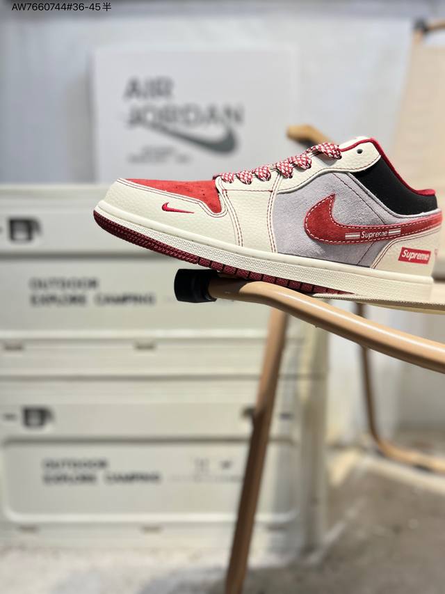 公司级头层皮Supreme X 乔丹Air Jordan 1 Low Aj1低帮系列篮球鞋 官方同步配色 原装级产物 #拒绝公底 立体鞋型 细节完美 高清洁度L
