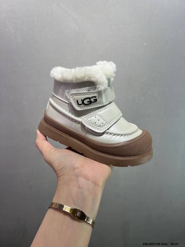 Ugg新款魔术贴 皮毛一体儿童中帮雪地靴 Size：26-37码 经典Ugg系列 内里加绒加厚，暖暖过冬 精致卡扣，质感满满.