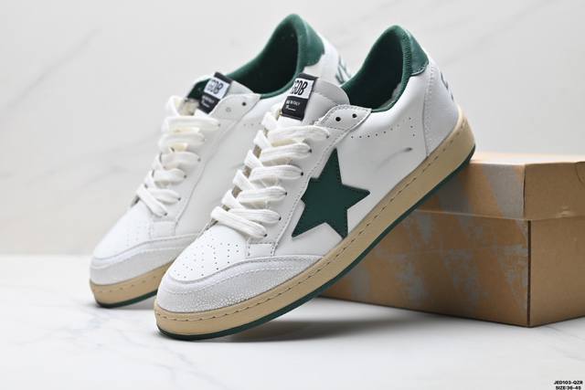 公司级Golden Goose Ball Star 皮革星星 休闲 圆头系带 低帮时尚板鞋 鞋帮侧面的Golden Goose星星和后跟的3D徽标 设计始终忠实
