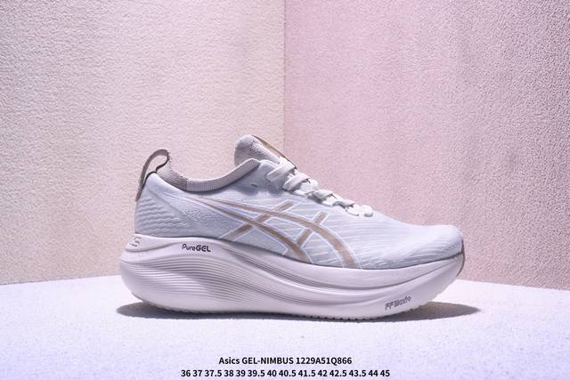 公司级Asics 亚瑟士Gel-Nimbus 27稳定跑鞋鞋面采用双层提花网面设计，提高包裹性和透气性，后跟搭载稳定系统科技T-Gel提升整体支撑力和结构感，减