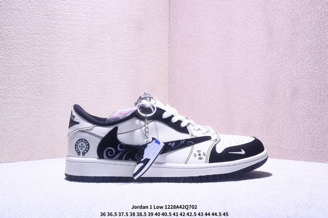 Travis Scott X Jordan 1 Low “克罗心联名 印花翻毛米黑” 高端定制 乔丹倒勾低帮休闲板鞋 大厂纯原品质出货 纯正版型 定制鞋盒 皮料