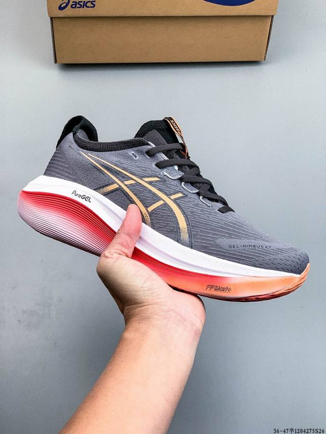公司级！Asics Gel-Nimbus 27 舒适防滑耐磨低帮休闲跑步鞋 鞋底采用了轻质发泡材料 并在后跟和前掌处采用了Asics亚瑟士核心科技-Gel缓震胶