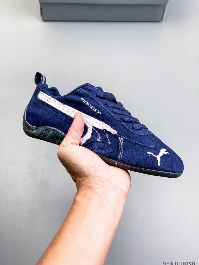 公司级！puma 彪马 X Balenciaga巴黎世家 Speedcat 系列 薄底鞋 牛皮绒面革 圆头做旧磨损 低帮 生活休闲鞋 极速赛车系列 复古运动休闲