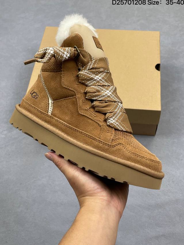 Ugg 梅尔款 高帮 鞋面设计，再生弹道帆布网纱、采用优质翻毛皮鞋面，双色扁平鞋带。 鞋内里材质，采用隆丰羊皮毛一体。毛茸内里，保暖锁热。 鞋底材质，舒适的Tr