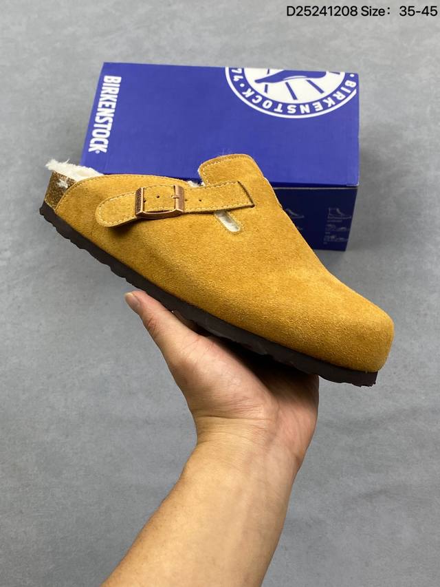 加绒：德国百年知名鞋履品牌 博肯Birkenstock Boston Vl 勃肯绒面 金属针扣软木底包头拖鞋 牛皮革质地柔软 搭配可调节鞋扣提升穿着舒适度 人体