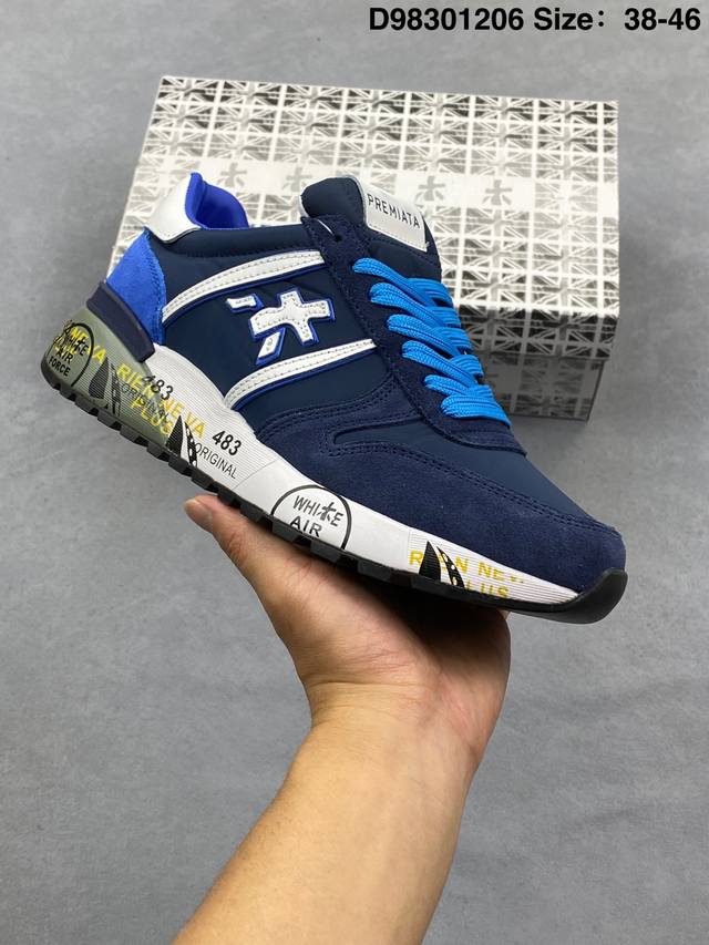 premiata 普拉米亚达 男鞋原单出口品质，采用皮革饰片组合固色翻毛皮与复合牛津布鞋面材质，内衬搭载皮革贴附缓震脚垫，中底Eva缓震组合耐磨橡胶鞋底意大利高