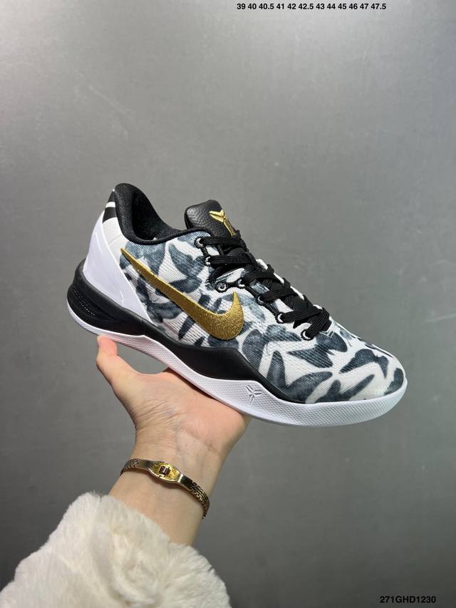 公司级 Nk Zoom Kobe Ⅷ System 科比8代复刻实战运动低帮文化篮球鞋 Gigi白黑金 Fv6325-100 React科技鞋垫加持 实战配置直