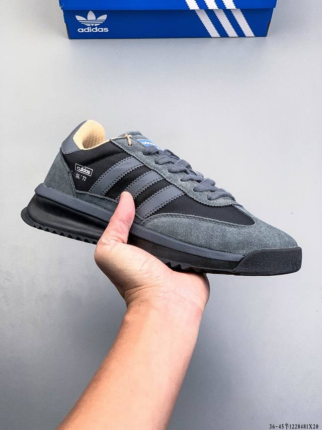 阿迪达斯Adidas Sl 72 Rtn 全新重置版本，将这款复古鞋型用尼龙材质呈现，搭载了Boost中底，鞋型日常百搭，最终拼接麂皮材质，让该鞋型上脚既有舒适