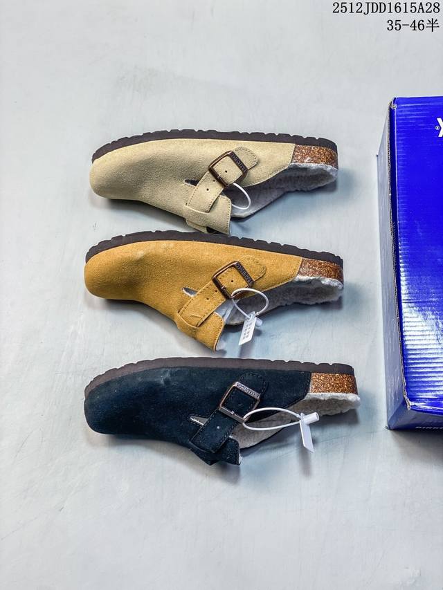 公司级 德国百年知名鞋履品牌 勃肯Birkenstock Boston Suede Shearling 波士顿系列休闲家居棉拖鞋 低帮牛皮绒面革复古软木底包头露