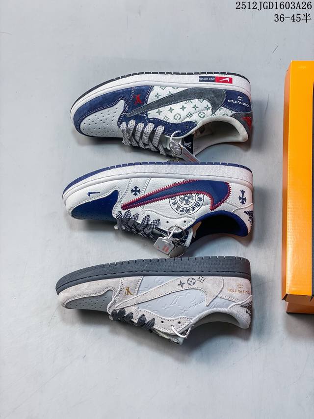 长期补货 海外爆款限量发售！ Travis Scott X Jordan 1 Low “克罗心联名 针织红蓝勾” 高端定制 乔丹倒勾低帮休闲板鞋 大厂纯原品质出