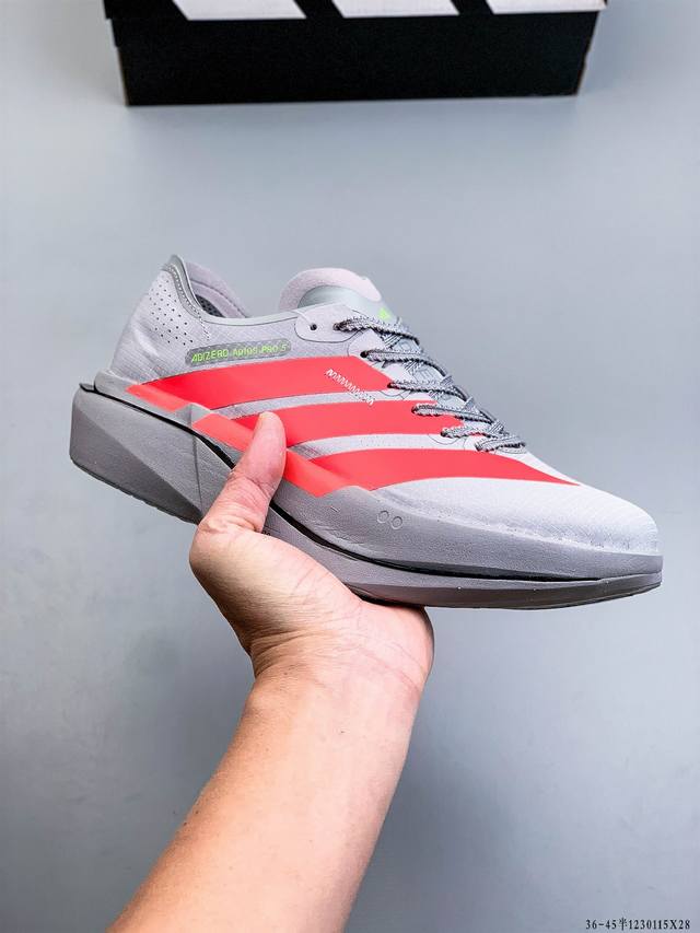 公司级！Adidas Adizero Adios pro 5 M 马拉松飞线贾卡轻质透气休闲运动跑步鞋 采用双层透气网纱 Flywire动态飞线绑缚鞋面材质 内