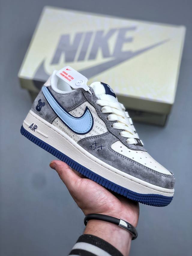F版 海外爆款限量发售！高端定制Nike Air Force 1 '07 Low “暴力熊联名------ 白蓝灰麂皮” 高端定制 低帮休闲板鞋 定制鞋盒 大厂