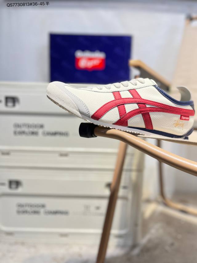 定制款# Onitsuka Tiger Mexico 66 Sd 鬼冢虎 墨西哥升级版系列低帮复古经典虎爪百搭休闲皮革慢跑鞋 采用软质粒面牛剖革组合翻毛皮饰条鞋