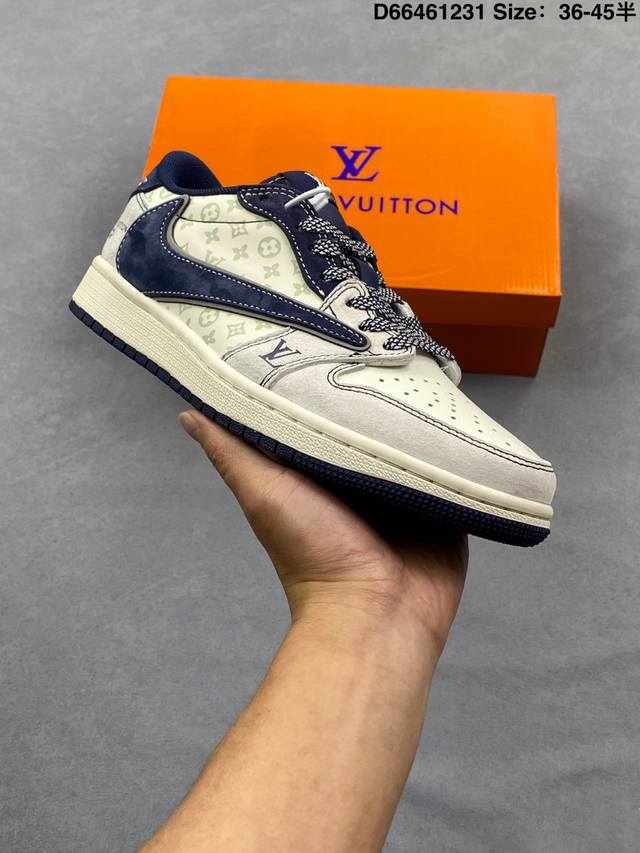 乔丹Fragment X Travis Scott X Lv Air Jordan 1 Low 三方联名倒钩，整双鞋以全荔枝皮打造，腰身搭配白色 倒勾 ，再点缀