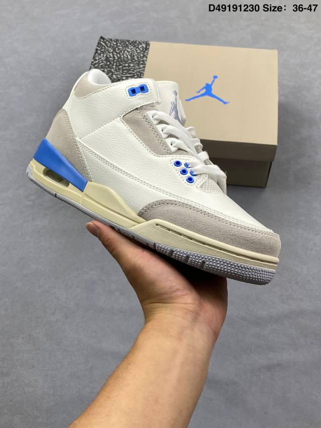 乔丹Air Jordan 3 Aj3代中帮复古休闲运动文化篮球鞋。秉承轻量化的速度型篮球鞋设计思想完成设计，降低重量的同时提升舒适度，中底延续前作使用了分离式后