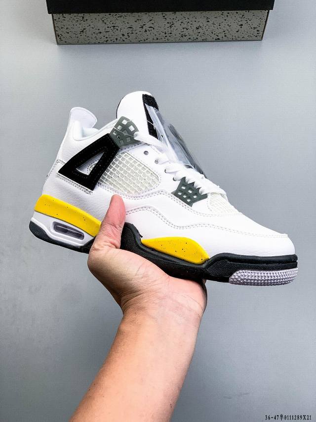 Air Jordan 4 Aj4代中帮复古休闲运动文化篮球鞋。秉承轻量化的速度型篮球鞋设计思想完成设计，降低重量的同时提升舒适度，中底延续前作使用了分离式后掌可