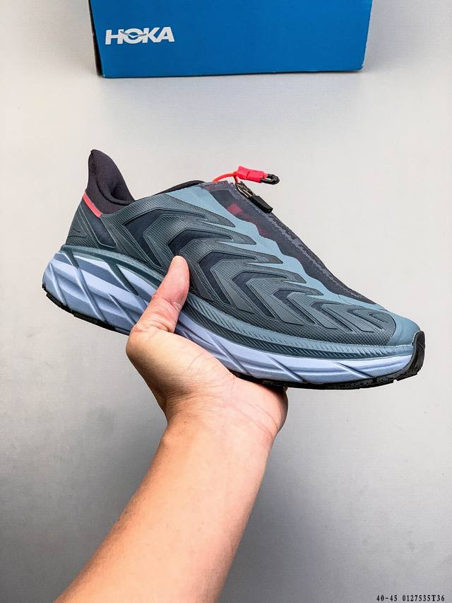 公司级 Hoka Project Clifton 轻量低帮户外越野跑鞋 户外山脉越野轻量运动跑鞋 DDD 鞋面用轻的无缝架构 鞋带用了弹性不易松脱的扁宽弹性鞋带