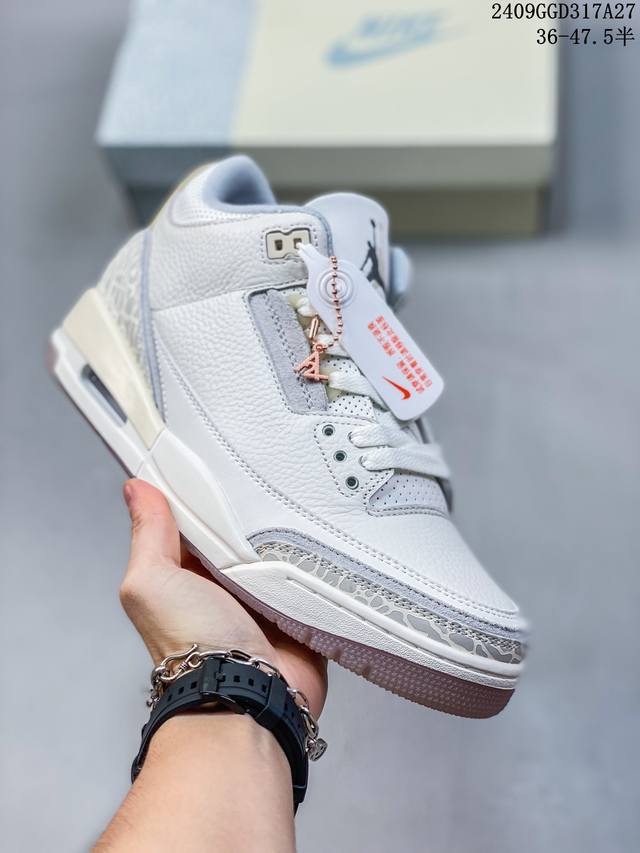 真标带半码air Jordan 3 Retro 复刻白水泥 Aj3 乔丹3代 Aj3 乔3 经典复刻白水泥 乔丹篮球鞋系列 鞋身以白色为主调，采用优质皮革材质搭