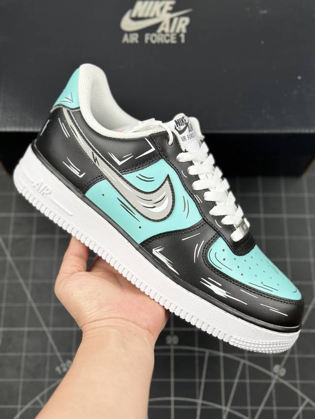 核心私 公司级二次元主题 Nike Air Force 1 Low’07 黑蓝涂鸦配色 空军一号低帮休闲板鞋 定制皮料 原厂3D打印 定制鞋盒 原楦原纸板 纯正