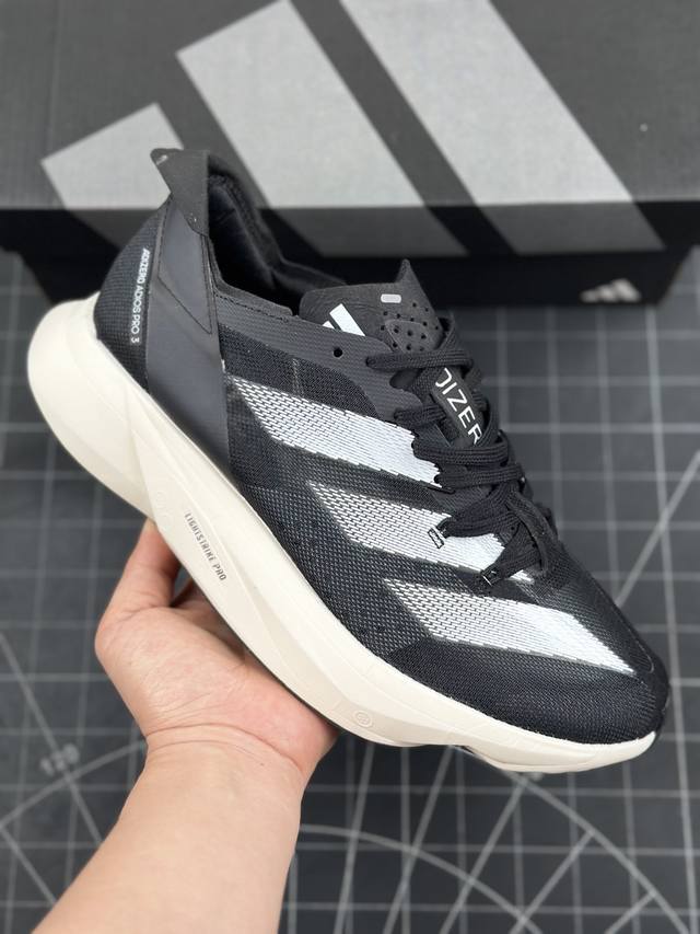 核心私 公司级adidas Adizero Adios Pro 3马拉松飞线贾卡轻质透气休闲运动跑步鞋 采用双层透气网纱 Flywire动态飞线绑缚鞋面材质 内