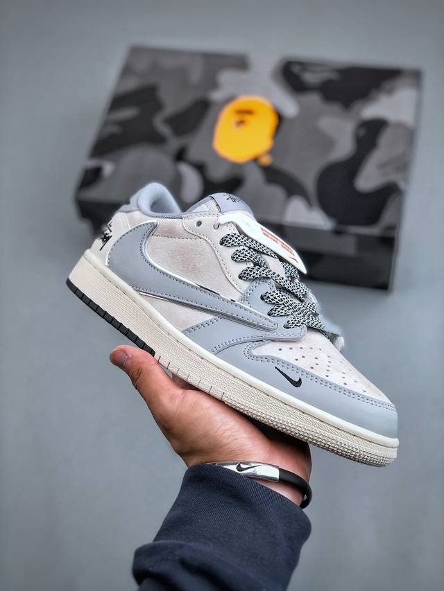 Travis Scott x Fragment Design x Air Jordan 1 Low OG SP AJ1 乔1 Bape联名-鳄鱼皮黑白蓝 低帮文