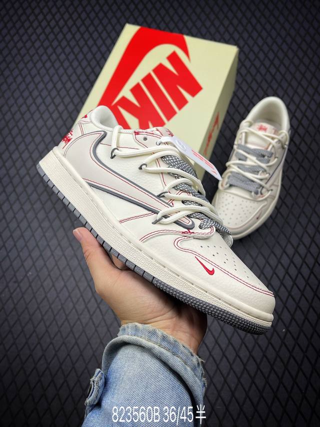 Travis Scott x Fragment Design x Air Jordan 1 Low OG SP AJ1 乔1 斯图西联名-红缝线抽绳 低帮文化休