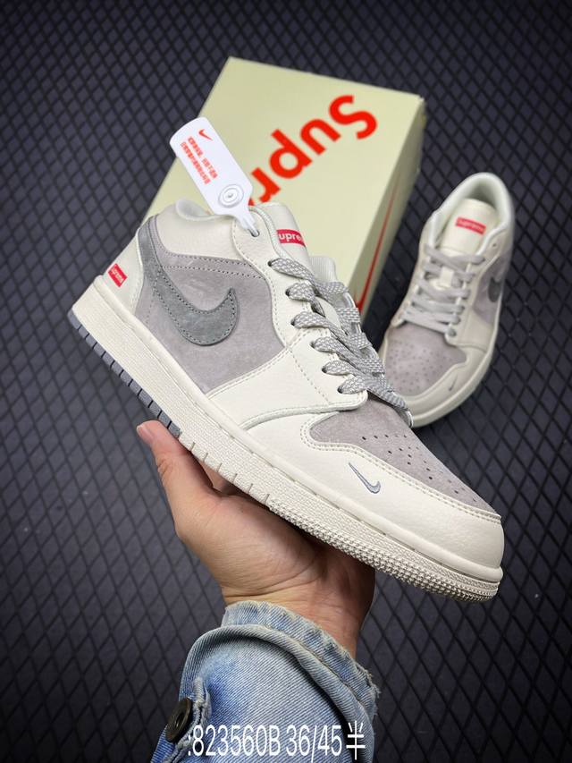 Air Jordan 1 Low AJ1 乔1 Supreme联名-双拼米灰底 高端定制 低帮复古篮球鞋 #定制鞋盒 大厂纯原品质出货 超高清洁度 皮料切割干净